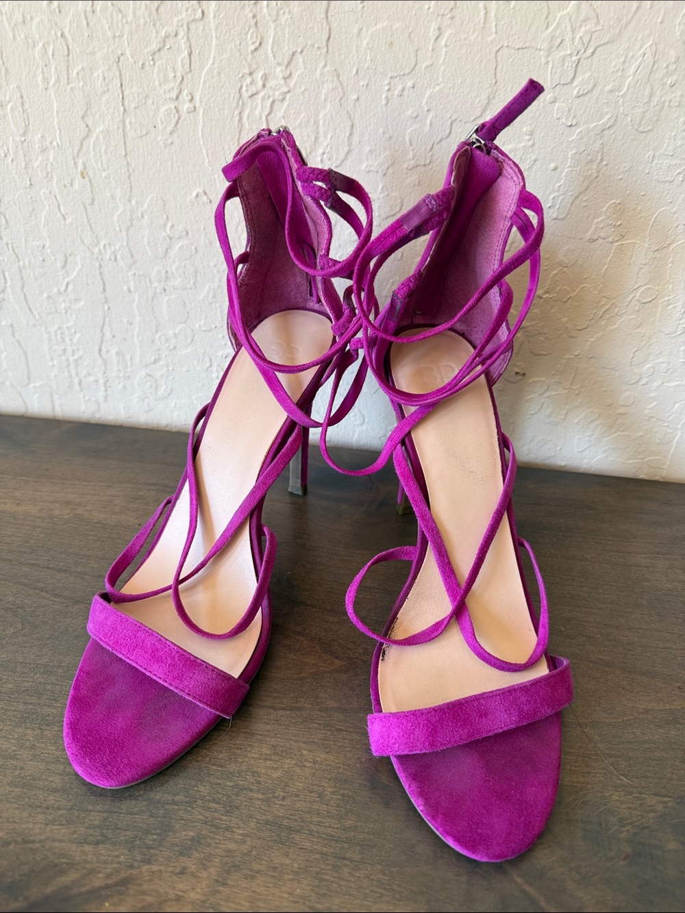 Strappy Lace-Up Suede Heels in Fuchsia
